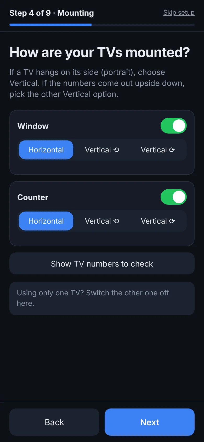 Setup wizard: how are your TVs mounted